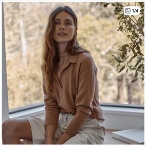 Quince Cashmere Polo Shirt Camel Sz L